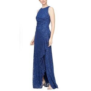 Alex Evenings Navy Sleeveless Lace Sequin Long Dress Gown Sz 14 Wedding Guest